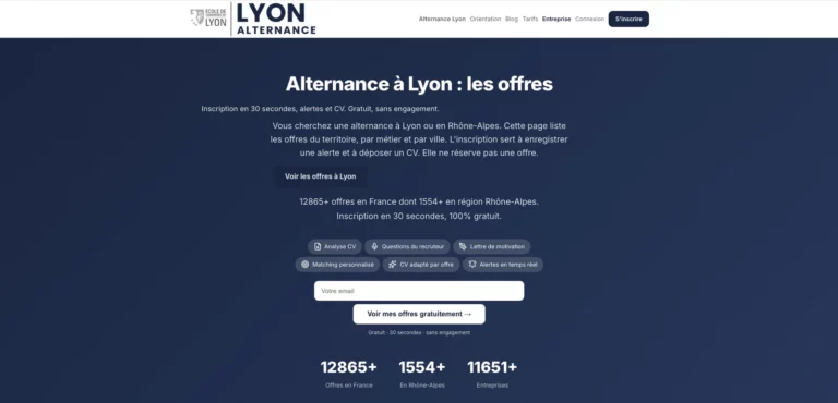 Page d'accueil de Lyon Alternance, la plateforme d'offres d'alternance à Lyon du Groupe École de Commerce de Lyon