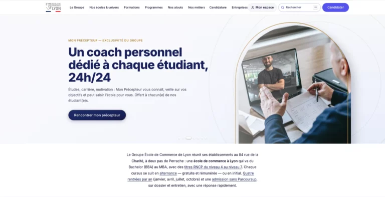 Page d'accueil du portail du Groupe École de Commerce de Lyon, présentant les écoles et les formations du groupe