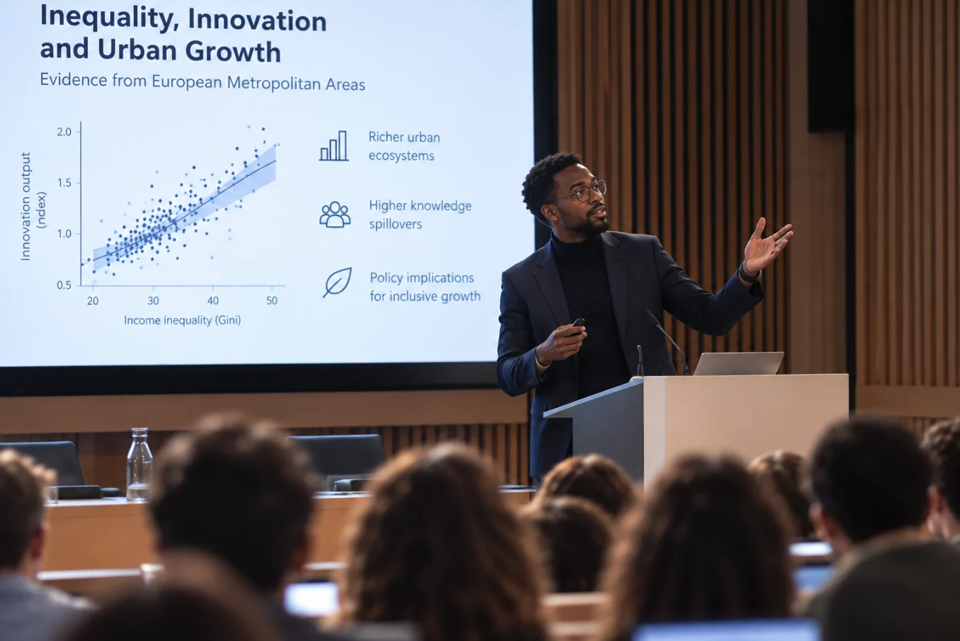 Étudiant en PhD présentant sa thèse sur l'innovation et la croissance urbaine devant un amphithéâtre