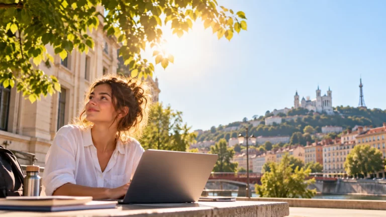Étudiante suivant un cours à distance sur son ordinateur portable à Lyon, avec la basilique de Fourvière en arrière-plan
